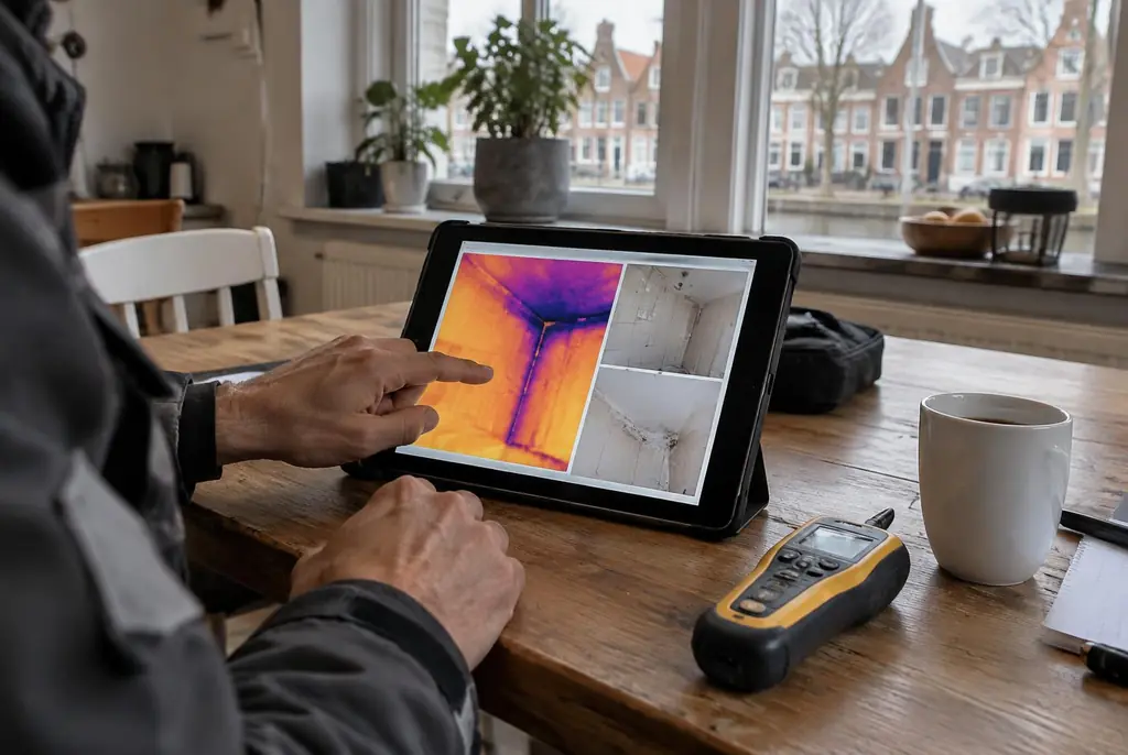 Lekdetectie Castricum – lekdetectierapport met warmtebeelden en foto's op een tablet