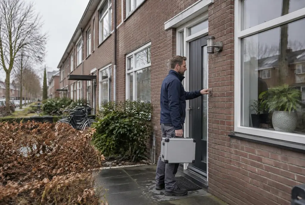 Lekdetectiespecialist met meetkoffer bij de voordeur van een woning in Castricum